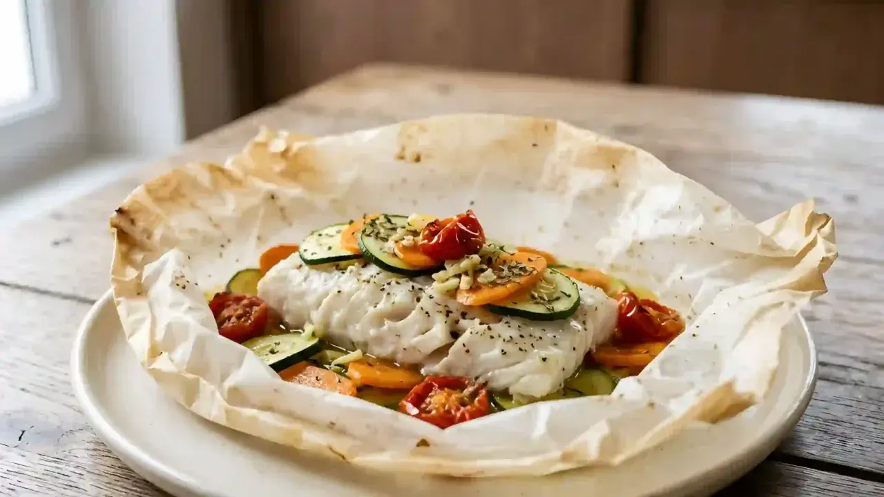 Dos de cabillaud en papillote d'aluminium, garni de rondelles de courgettes, carottes et tomates cerises.