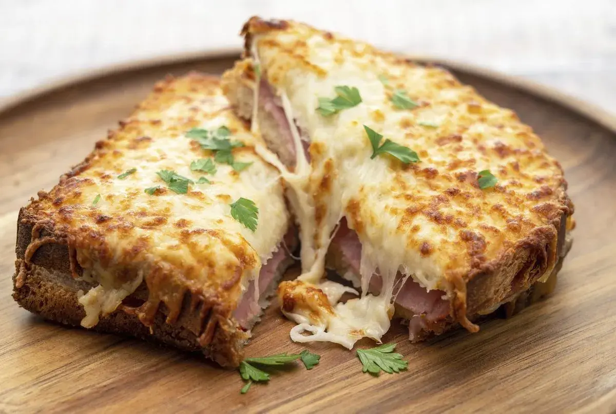 Un délicieux croque monsieur à la poêle, avec son fromage fondant et sa garniture de jambon, parsemé de persil frais.