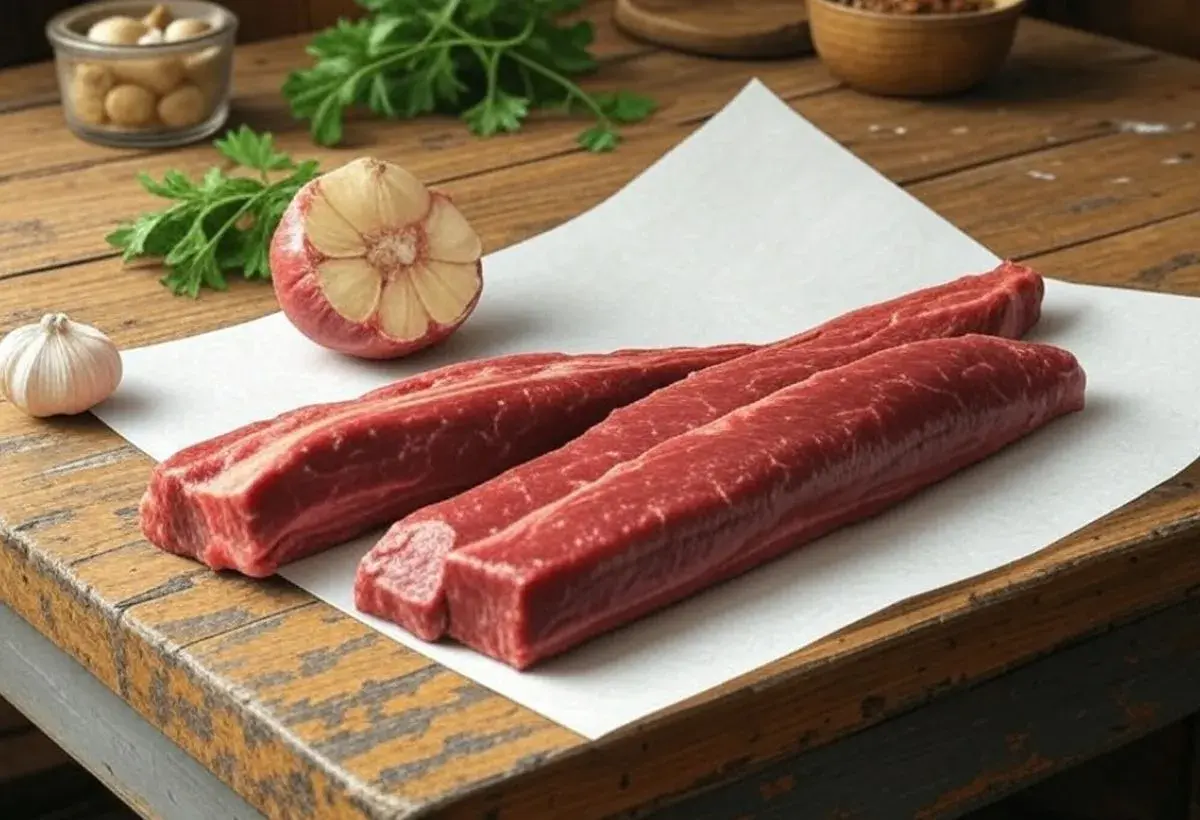 Trois morceaux de viande rouge crue, prêts pour un merlan au barbecue, avec de l'ail et du persil sur une planche en bois.