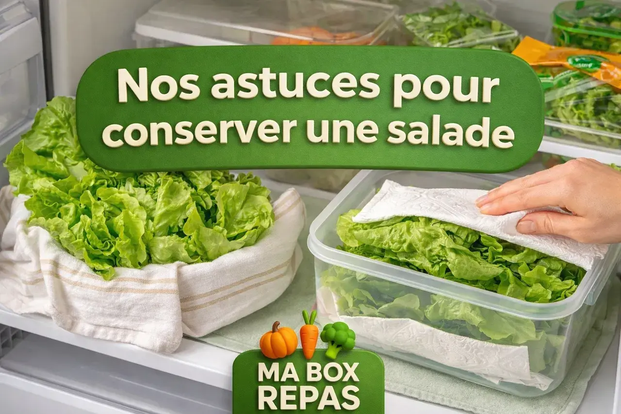 Nos astuces pour conserver une salade fraîche plus longtemps : feuilles de laitue dans un linge et dans une boîte avec du papier absorbant.