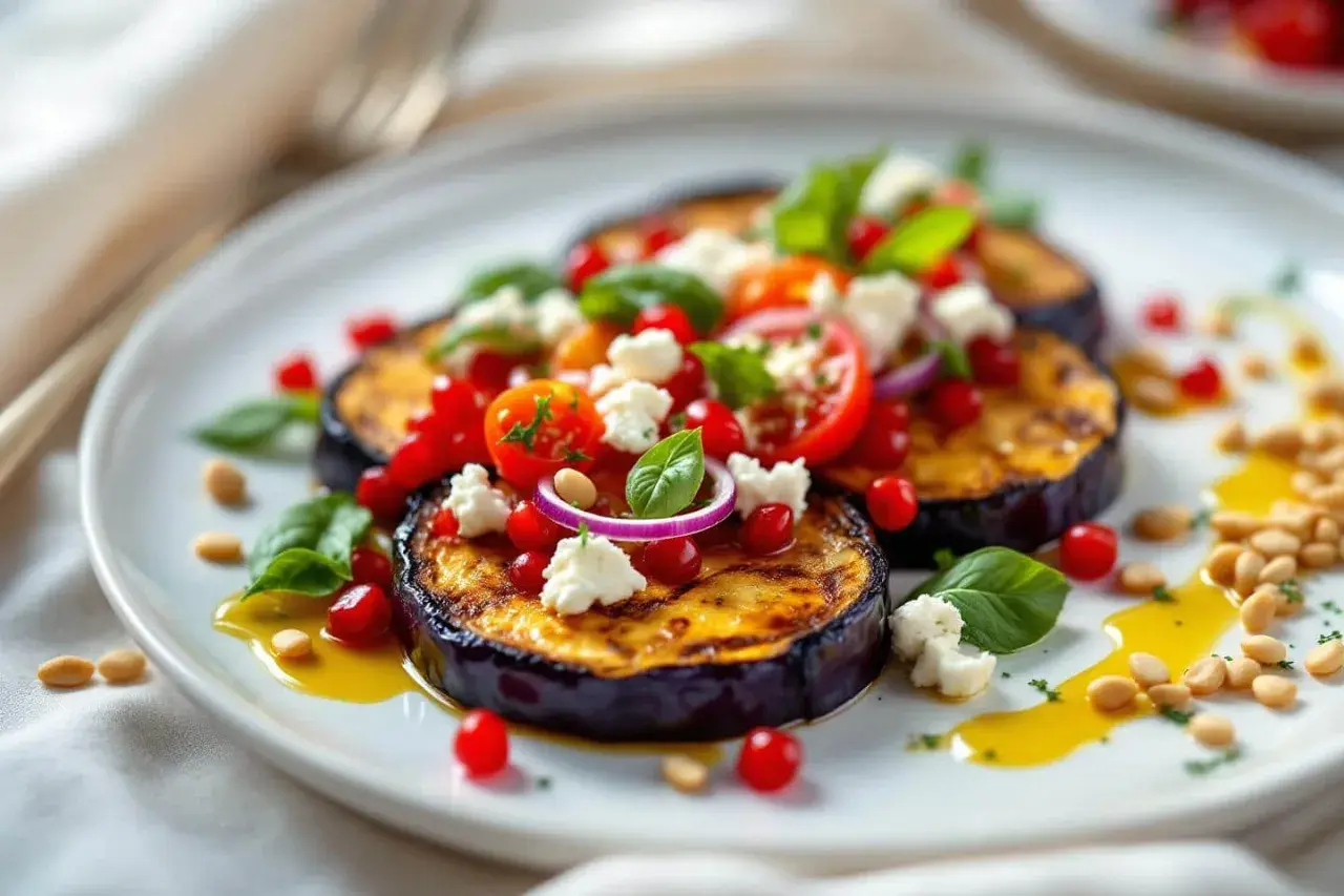 Délicieuse idée : que faire avec 1 aubergine ? Des rondelles grillées garnies de tomates, feta, grenade et basilic. Un plat coloré et savoureux.