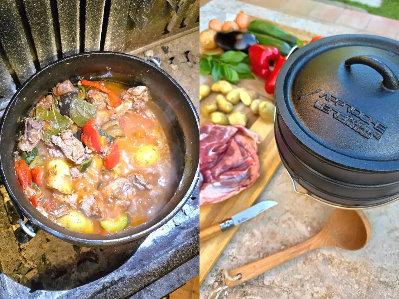 Un chaudron mijote sur un feu de bois, ses ingrédients savoureux promettant une délicieuse recette. À côté, les légumes frais et la viande attendent leur tour.