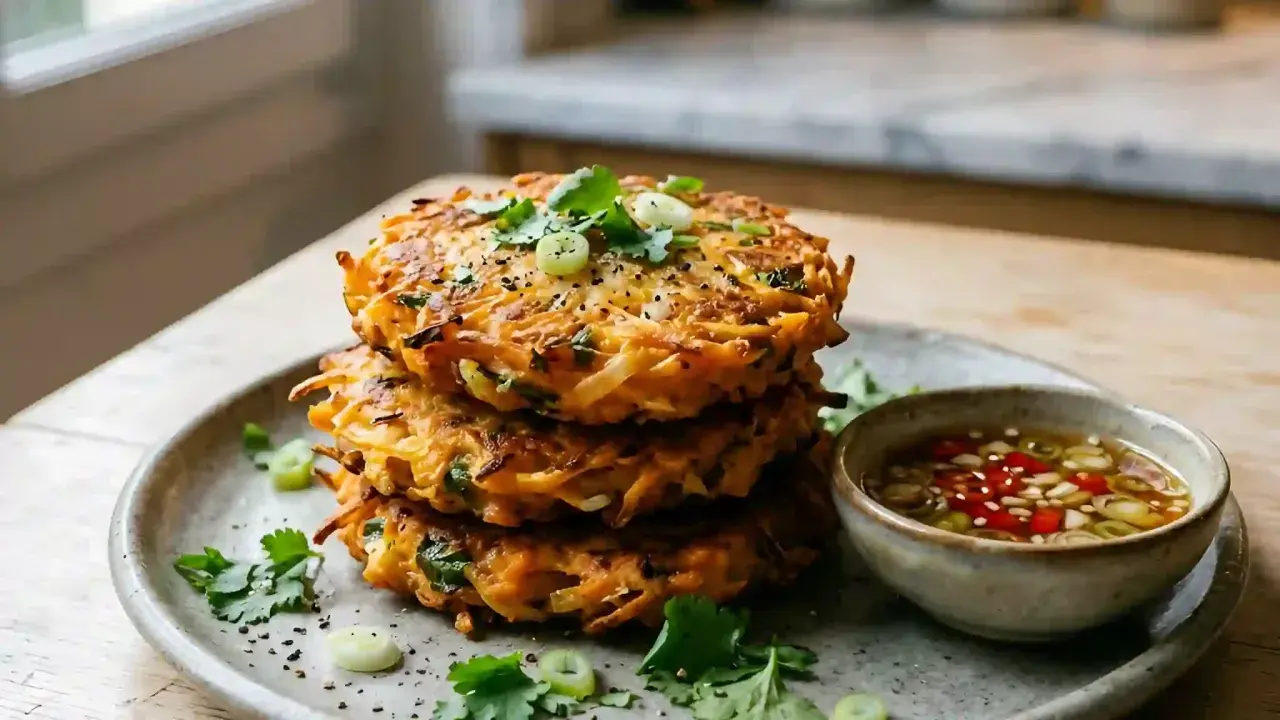 Pile de galettes de patate douce à la poêle, garnies de coriandre et d'oignons verts, servies avec une sauce piquante.
