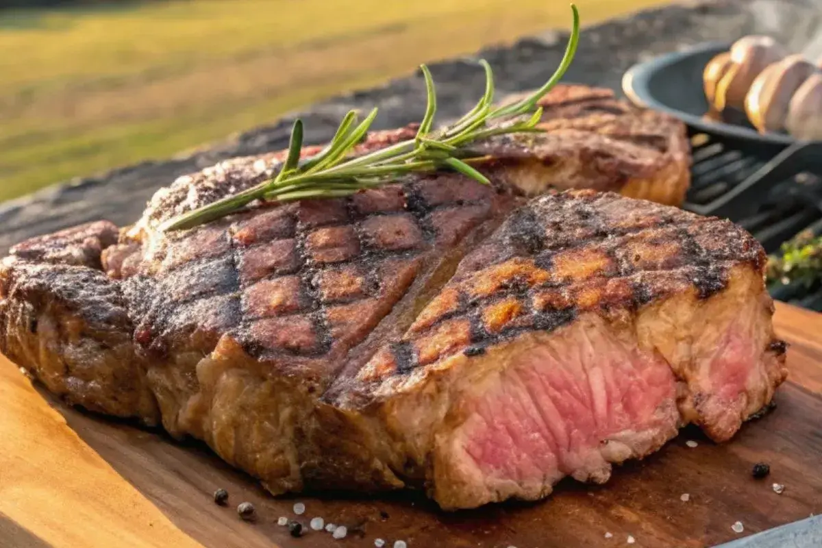 Un succulent côte à l'os barbecue, parfaitement grillé, avec une touche de romarin. La cuisson est idéale, révélant une viande rosée et tendre.