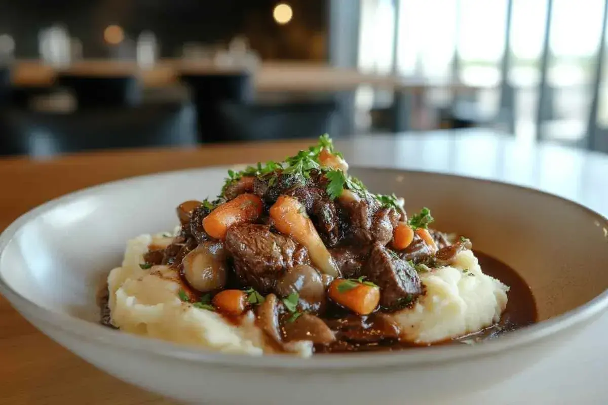 Un plat réconfortant de bœuf braisé, carottes et petits oignons, servi sur une purée de pommes de terre. La sauce riche suggère un bon deglacer oignons.