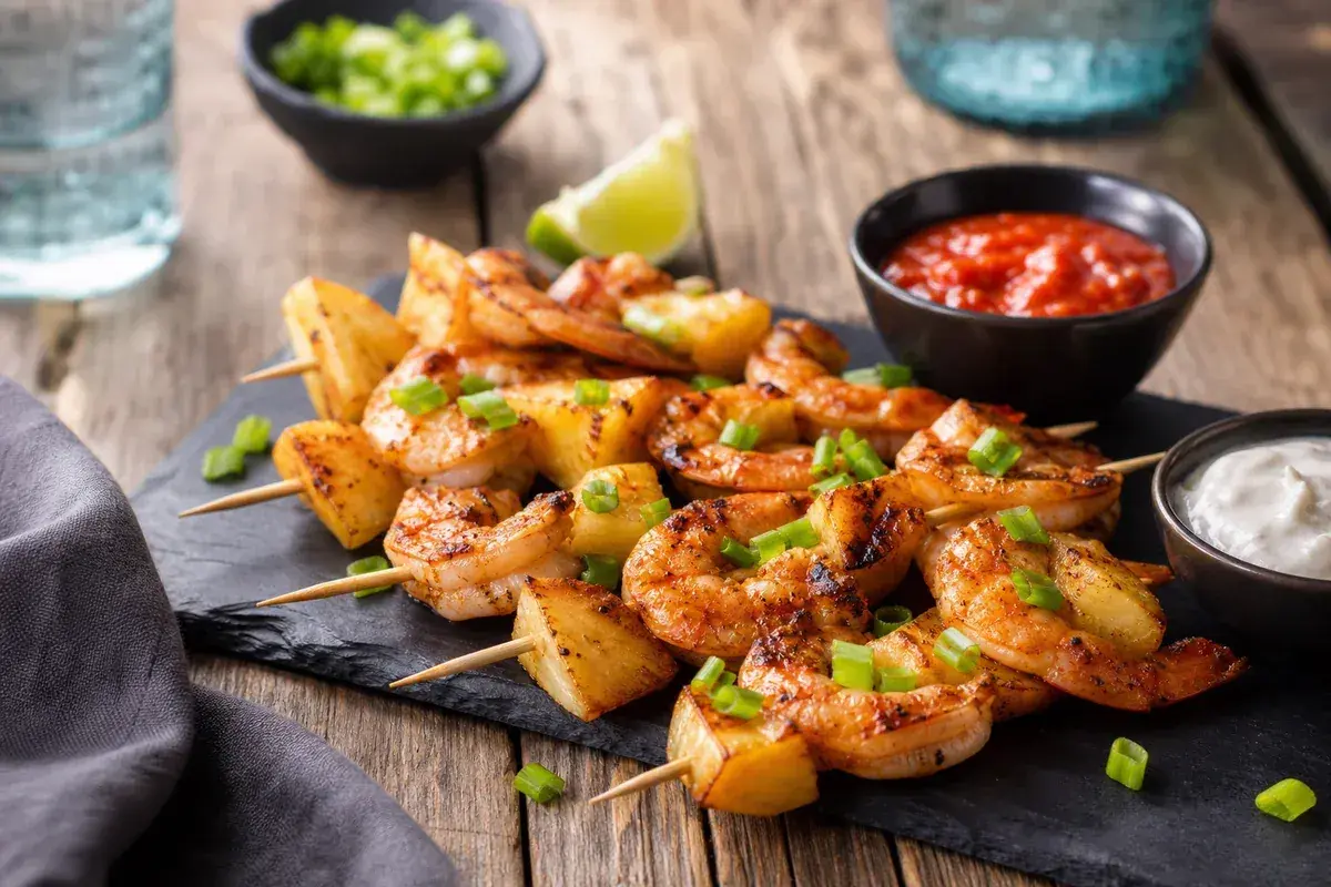 Brochettes de crevettes grillées et d'ananas, garnies de ciboule. Une excellente idée repas de décembre, servie avec sauce piquante et sauce blanche.