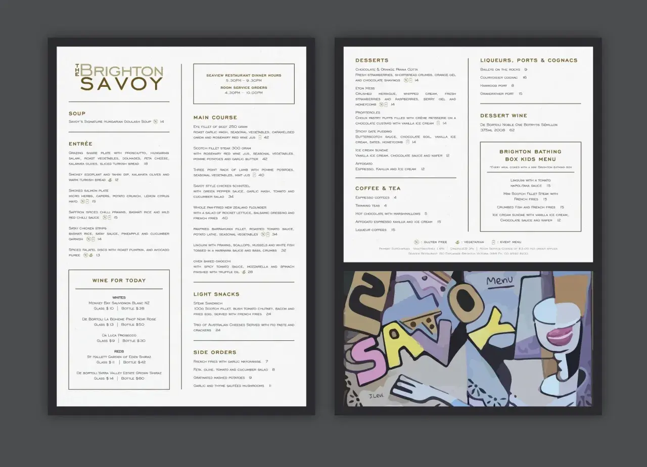 Une idée de présentation de menu pour le Brighton Savoy, avec des plats alléchants comme le Scotch Fillet et le Goulash.