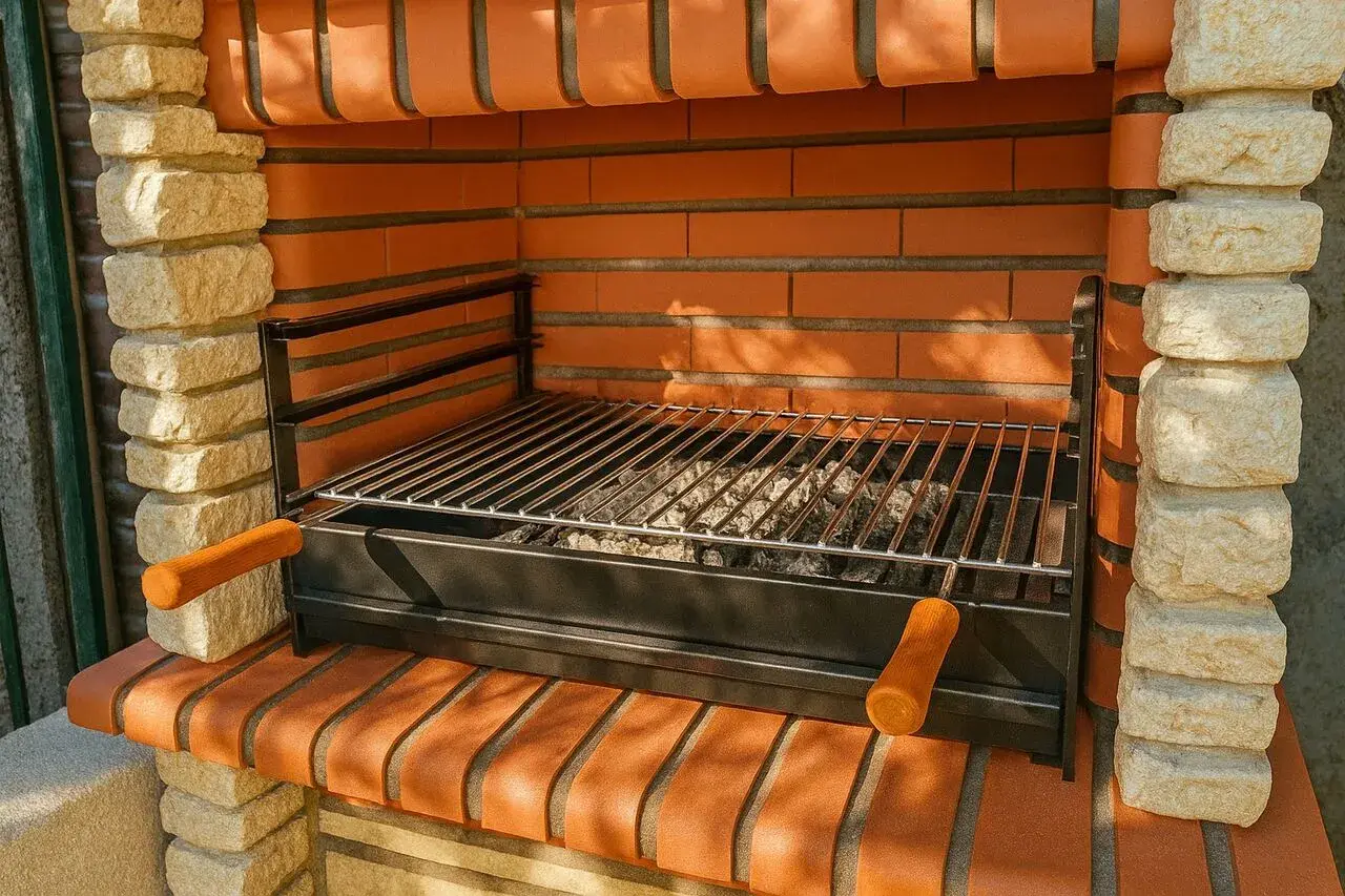 Barbecue en briques avec grille prête pour le temps de cuisson barbecue charbon. Les braises attendent d'être allumées pour un festin en plein air.