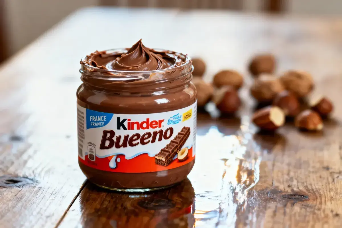 Un pot de pâte à tartiner Kinder Bueno, crémeuse et onctueuse, sur une table en bois. Des noisettes sont disposées en arrière-plan.
