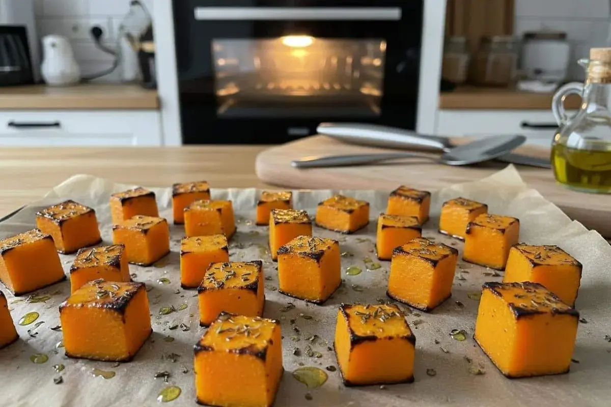 Dés de butternut braisé, dorés et parsemés d'herbes, prêts à être dégustés. Un délice simple et savoureux.