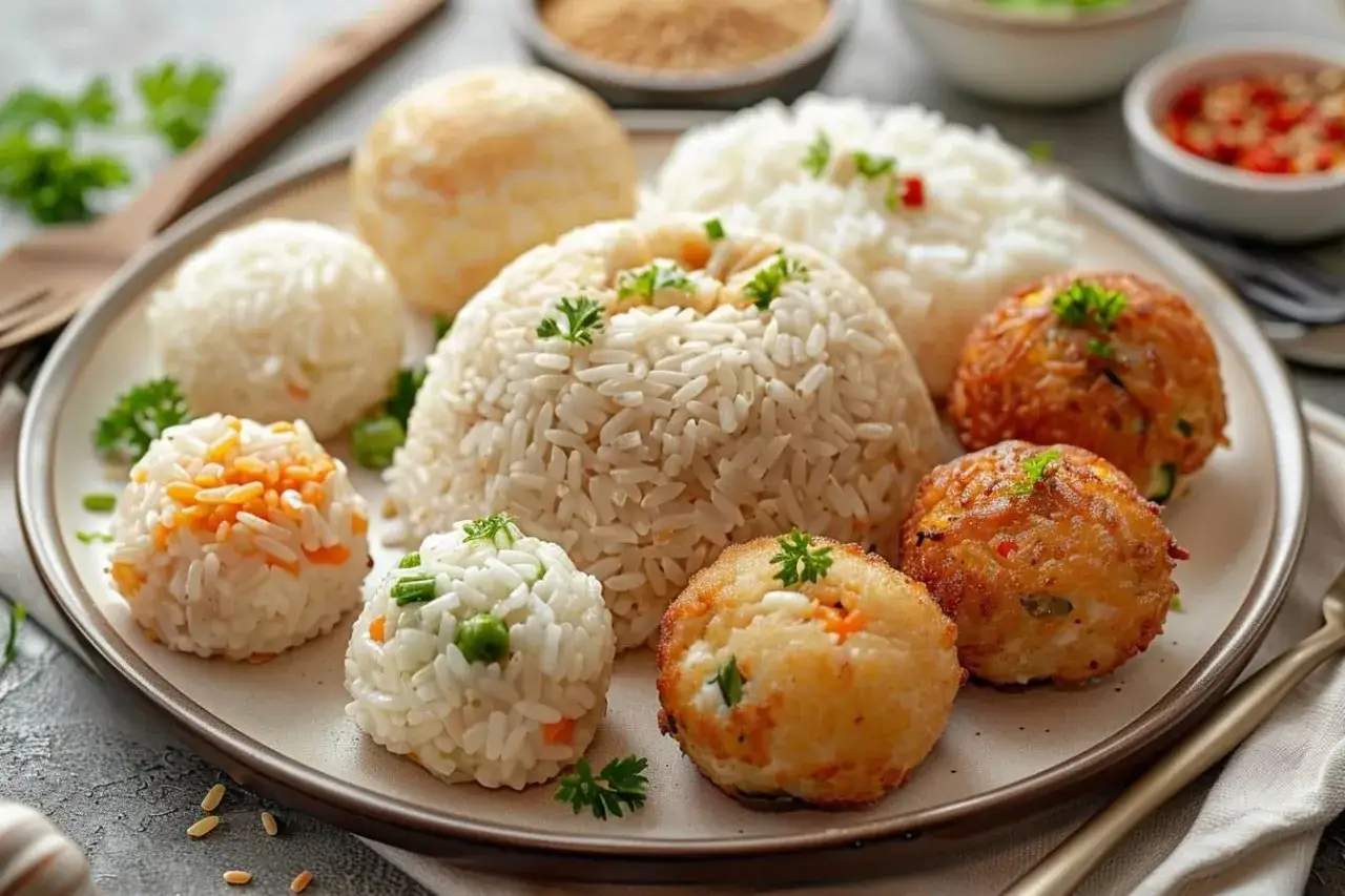 Assiette de riz en boules, certaines avec l&eacute;gumes, d'autres frites. Que faire si le riz est trop cuit ? Transformez-le en boulettes !
