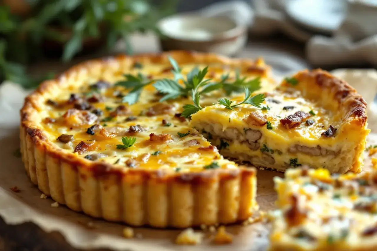Une quiche aux sardines, dorée et appétissante, garnie de persil frais. Une part est déjà coupée, révélant sa texture riche.