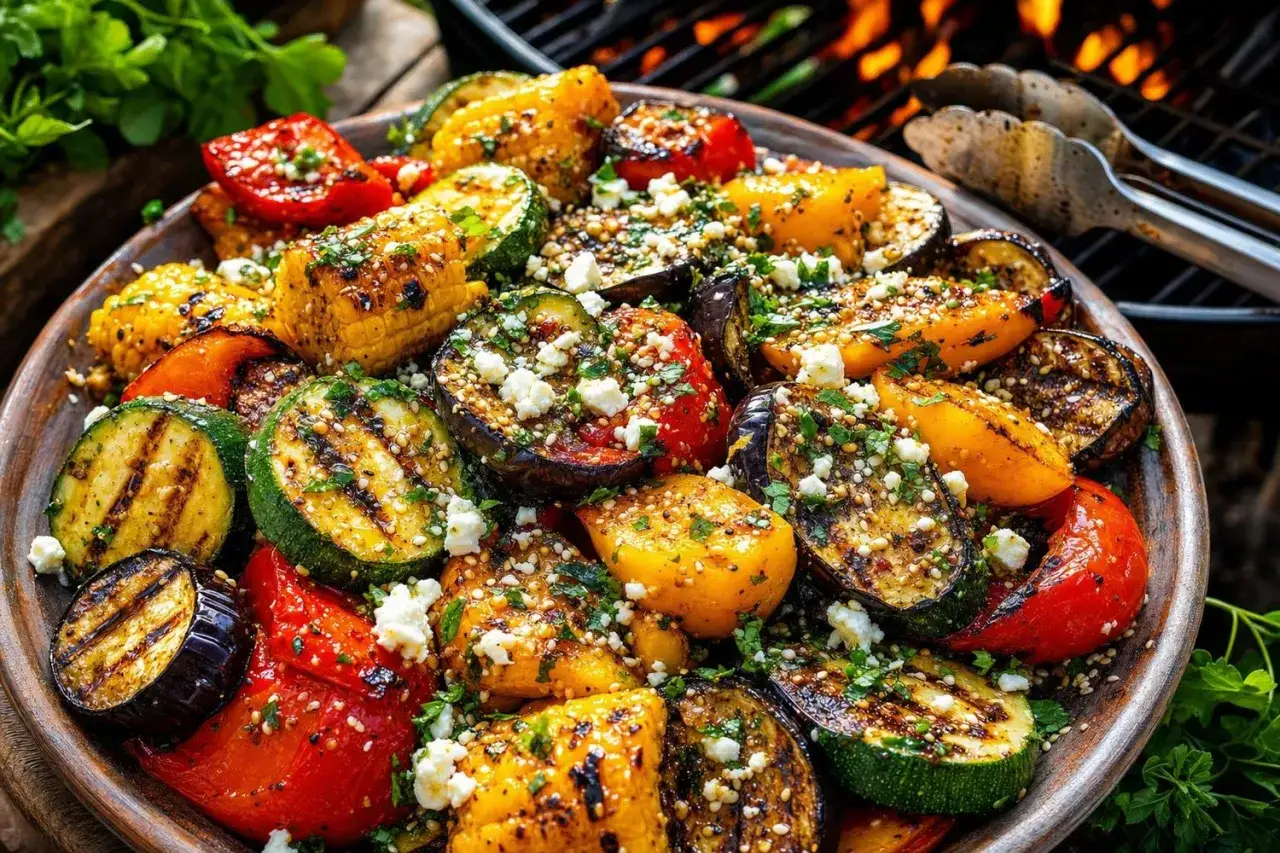 Assiette généreuse de légumes grillés, un délice rustique au barbecue. Courgettes, aubergines, poivrons et maïs, parsemés de feta et d'herbes fraîches.