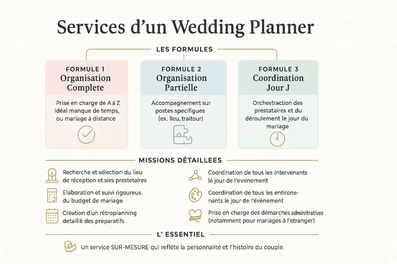 Services d'un wedding planner : 3 formules (complète, partielle, jour J) et missions détaillées. Le wedding planner prix varie selon la formule choisie.