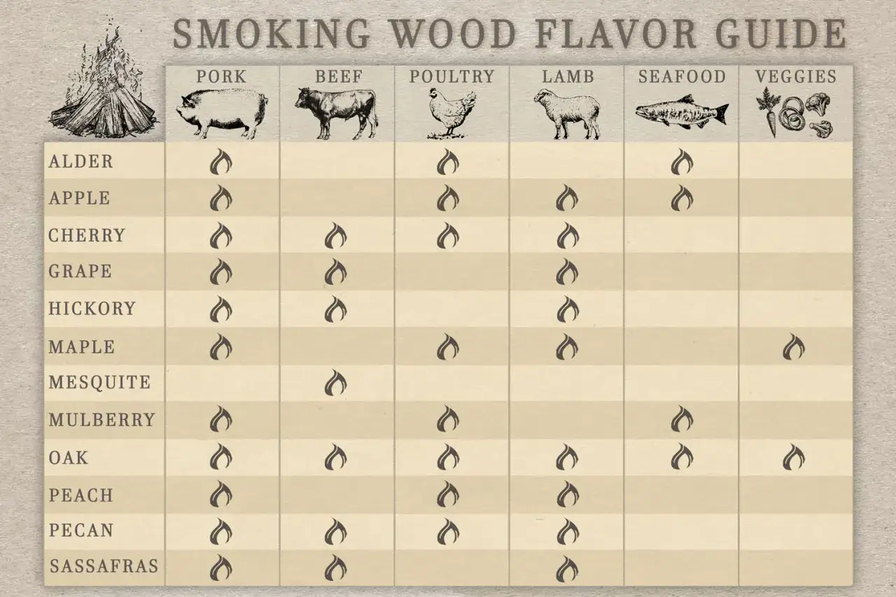 Guide des saveurs de bois pour fumoir : quel bois pour fabriquer un fumoir ? Affiche les bois (aulne, pommier, cerisier, etc.) et leur compatibilité avec porc, bœuf, volaille, agneau, poisson et légumes.
