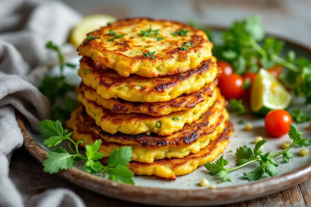 Pile de galettes de pois cassés dorées, garnies de persil frais, accompagnées de tomates cerises et d'un quartier de citron vert.