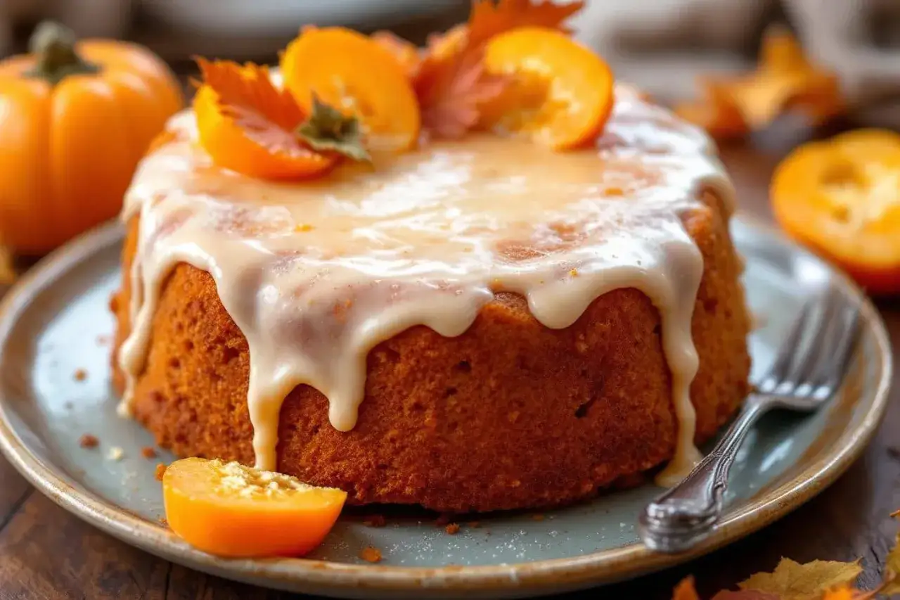 Un délicieux gâteau au kaki, nappé d'un glaçage crémeux et garni de fruits frais et de feuilles d'automne. Parfait pour une pause gourmande.