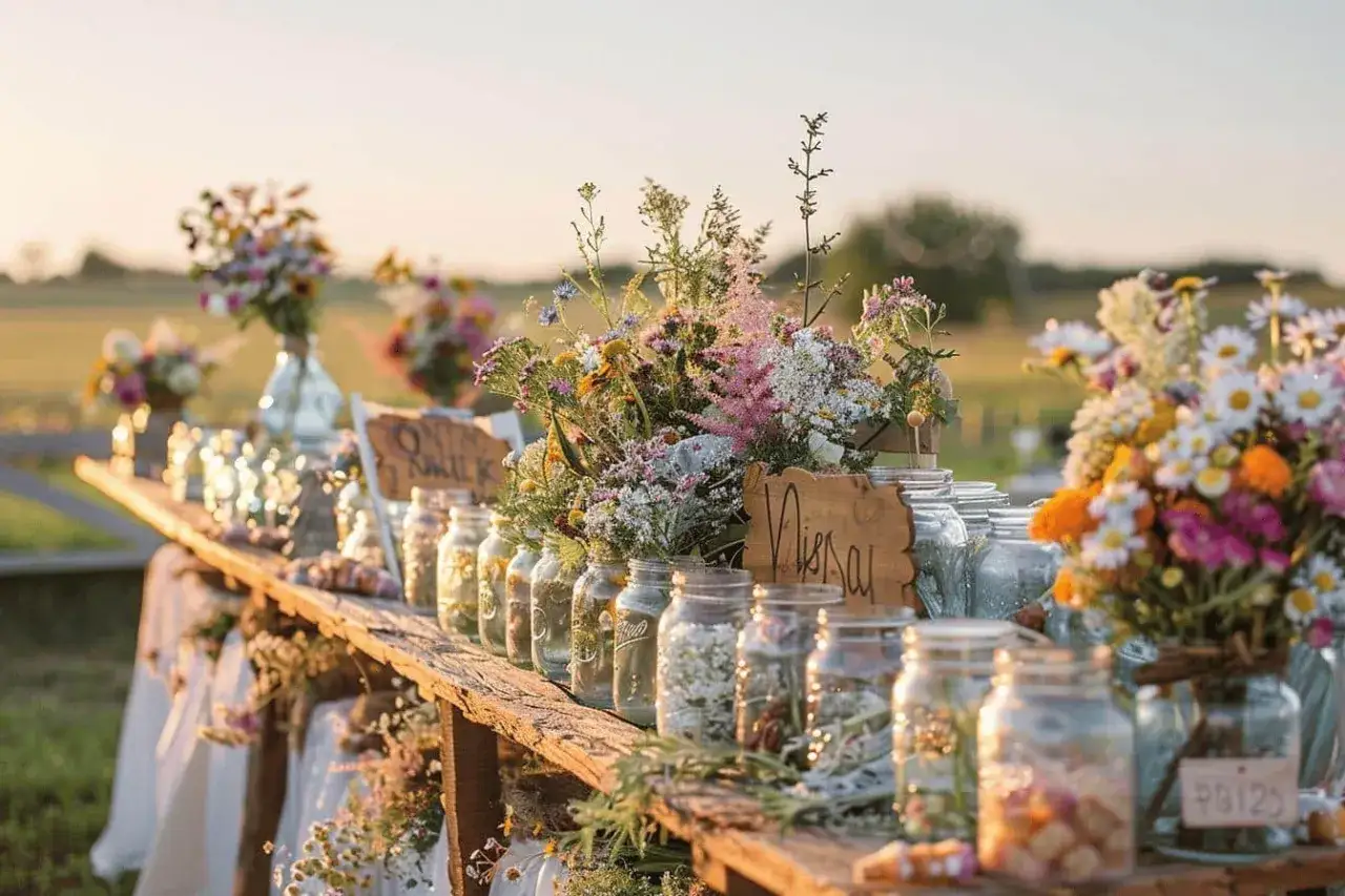 Une table rustique ornée de fleurs sauvages et de bocaux en verre, parfaite pour une idée repas mariage champêtre.