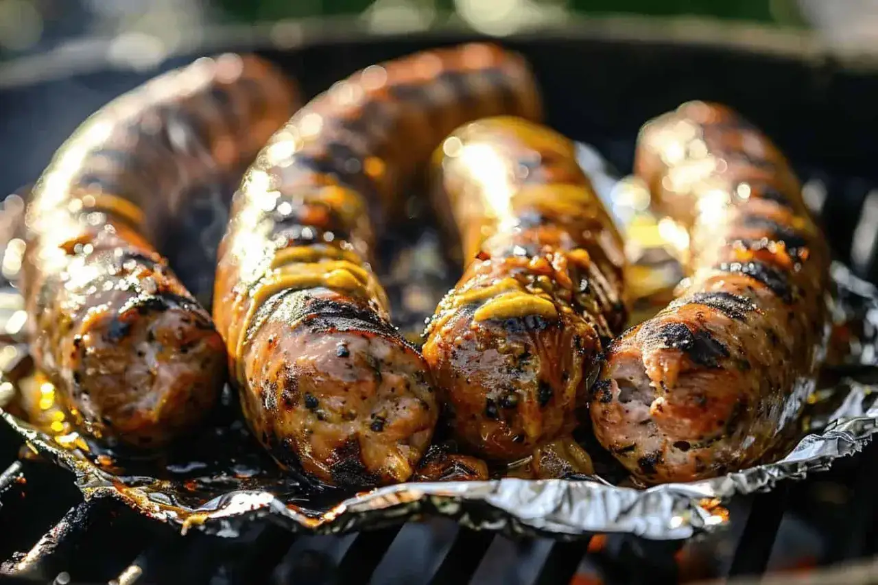 Quatre andouillettes grillées sur un barbecue, posées sur du papier aluminium. La cuisson révèle des marques de grill et une sauce dorée.