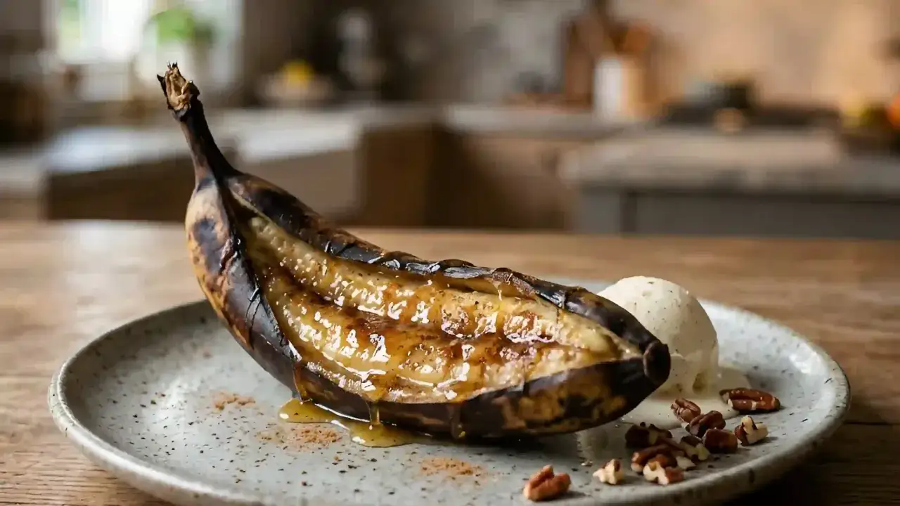Délicieuse banane flambée barbecue, nappée de sirop et servie avec une boule de glace à la vanille et des noix de pécan.