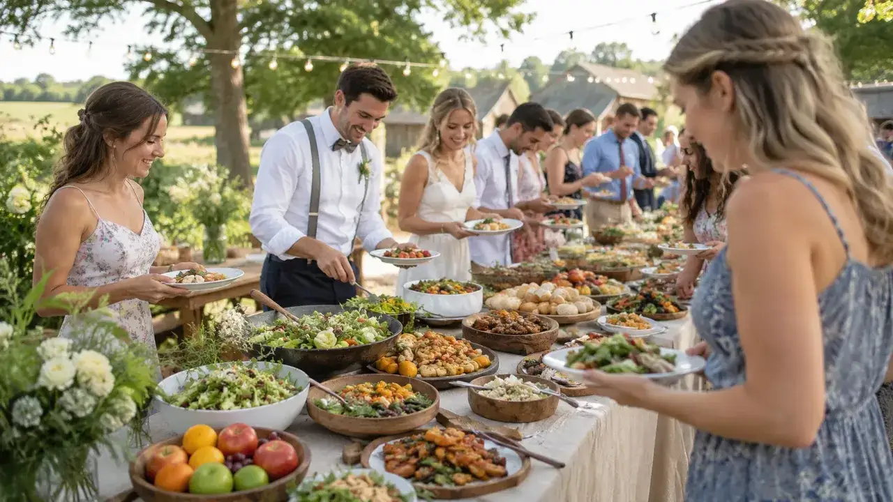 Un mariage en plein air avec un buffet varié. Le prix du repas de mariage semble raisonnable vu la qualité et la quantité des mets proposés.