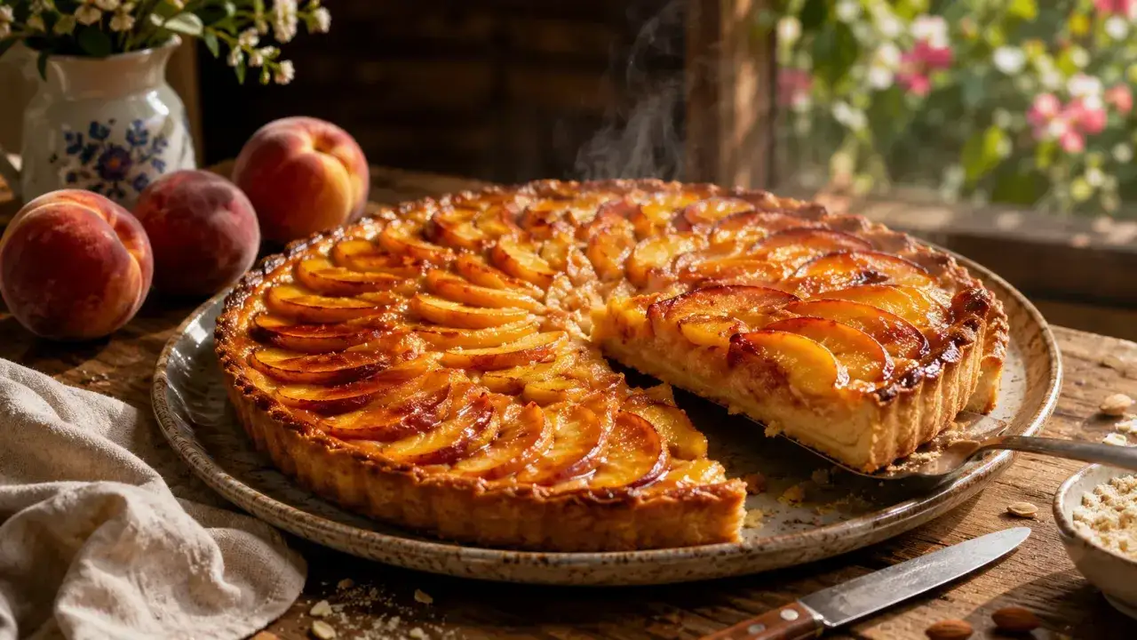 Une part de tarte croustillante aux pêches, encore fumante, est servie. Des pêches fraîches et des amandes complètent cette gourmandise.