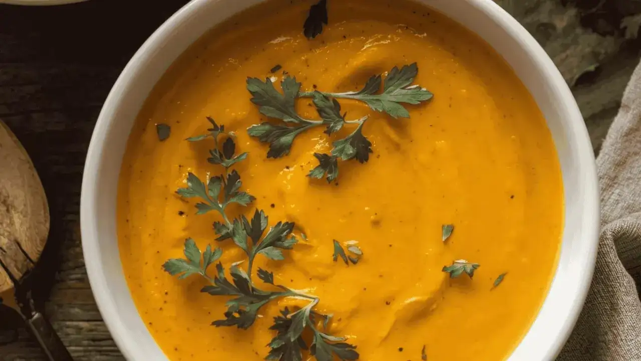 Soupe crémeuse à la citrouille, préparée au blender, garnie de persil frais. Un délice réconfortant.