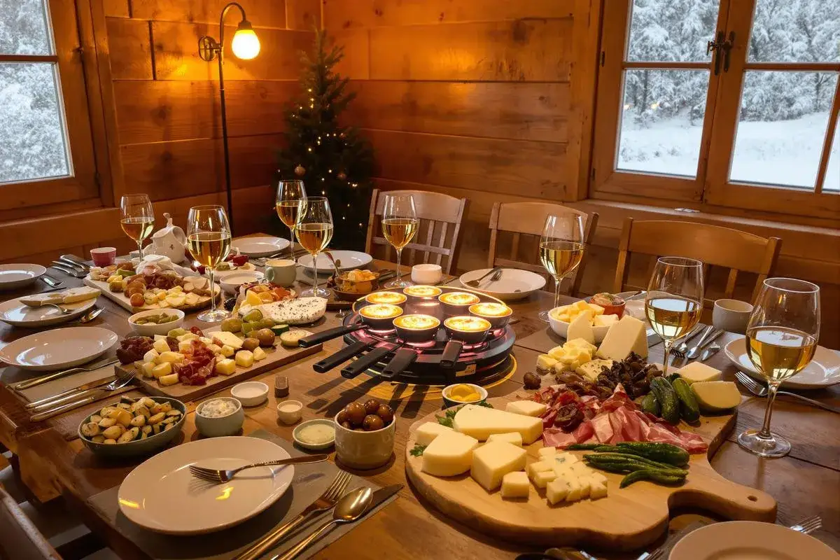Table dressée pour une soirée raclette conviviale, avec fromages, charcuteries, et vin blanc. Une recette parfaite pour l'hiver.