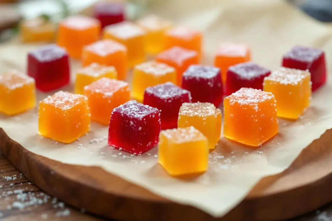Des cubes de pâte de fruits colorés, parfaits pour une recette facile et gourmande. Rouge et orange, saupoudrés de sucre glace.