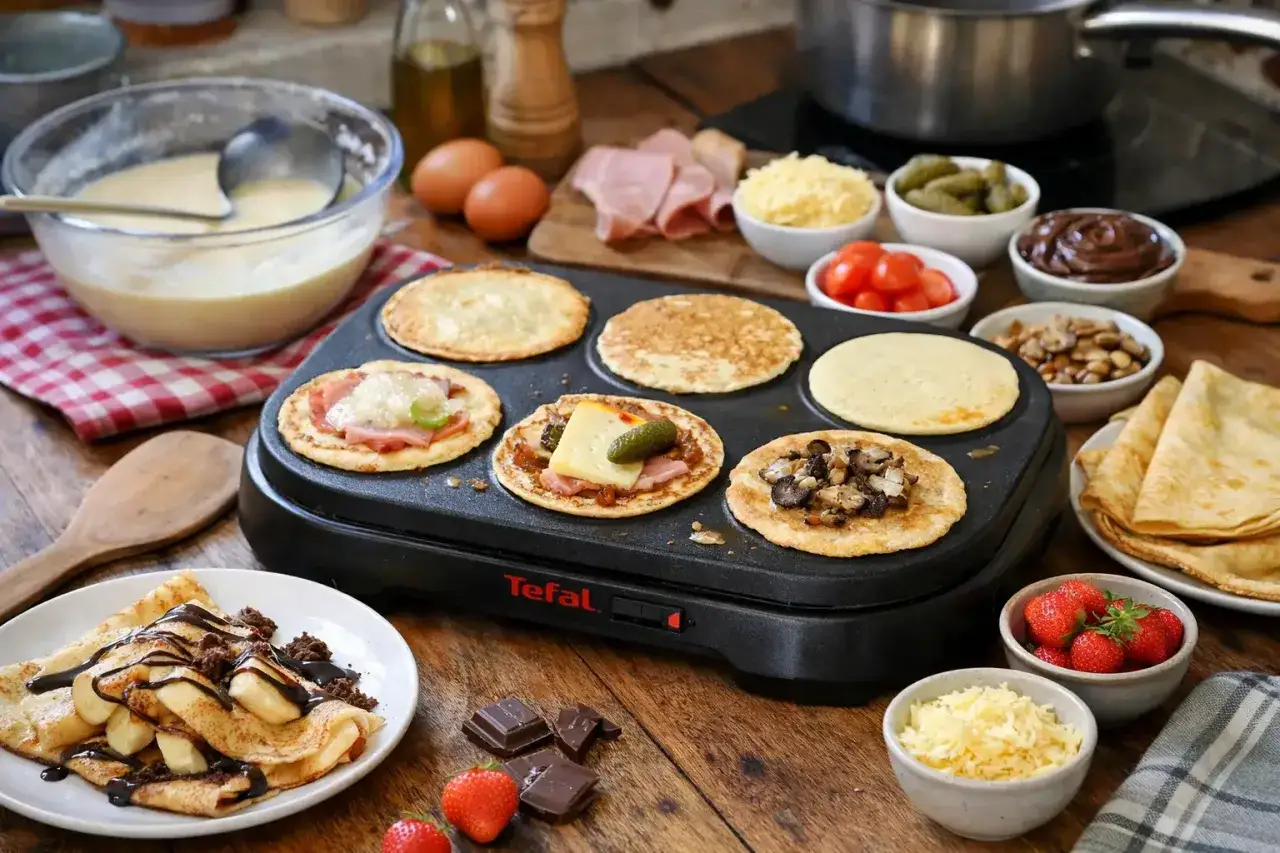 Préparation d'une garniture pour mini crêpe party : crêpes salées et sucrées sur un appareil Tefal, avec fraises, chocolat, fromage et champignons.