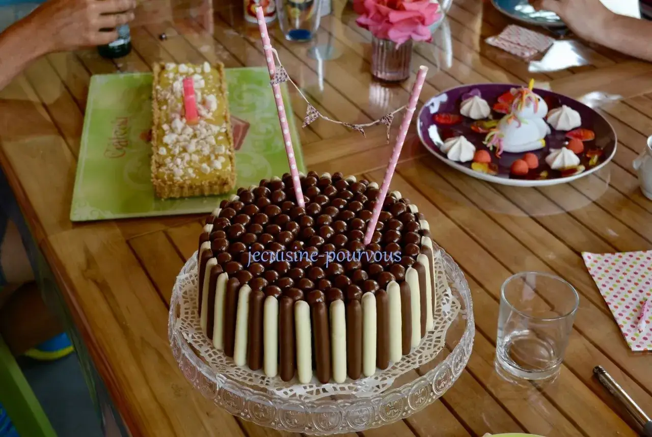 Gâteau rond décoré de bâtonnets chocolatés et de boules de chocolat, rappelant un gâteau Malteser. Deux pailles roses ornent le dessus.