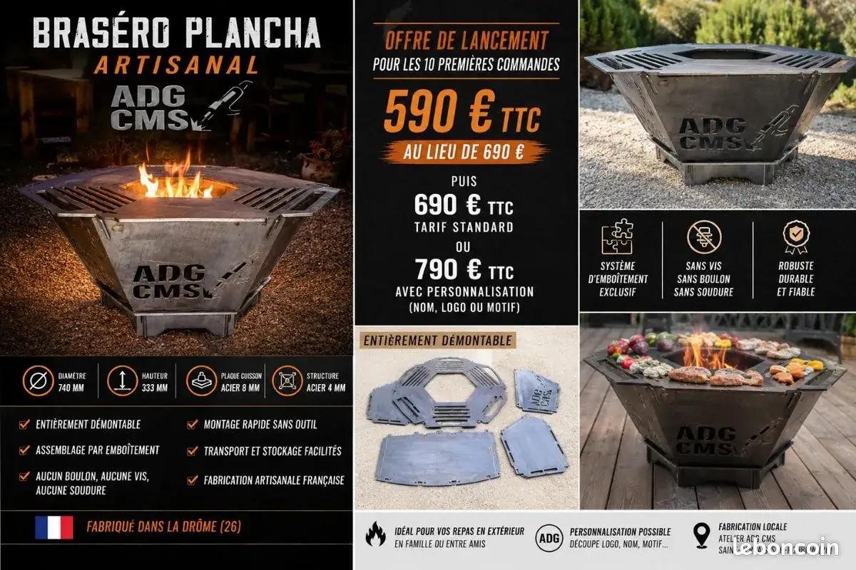 Brasero plancha artisanal ADG CMS, système d'emboîtement DIY sans vis ni soudure. Parfait pour vos repas en extérieur.
