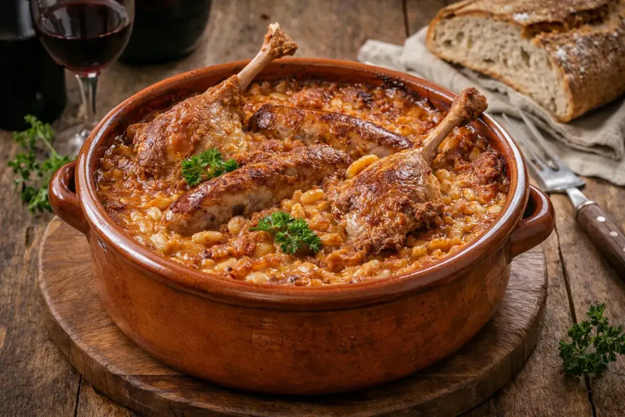 Un plat de cassoulet maison, recette grand-mère, avec confit de canard et saucisses, servi dans une cocotte en terre cuite.