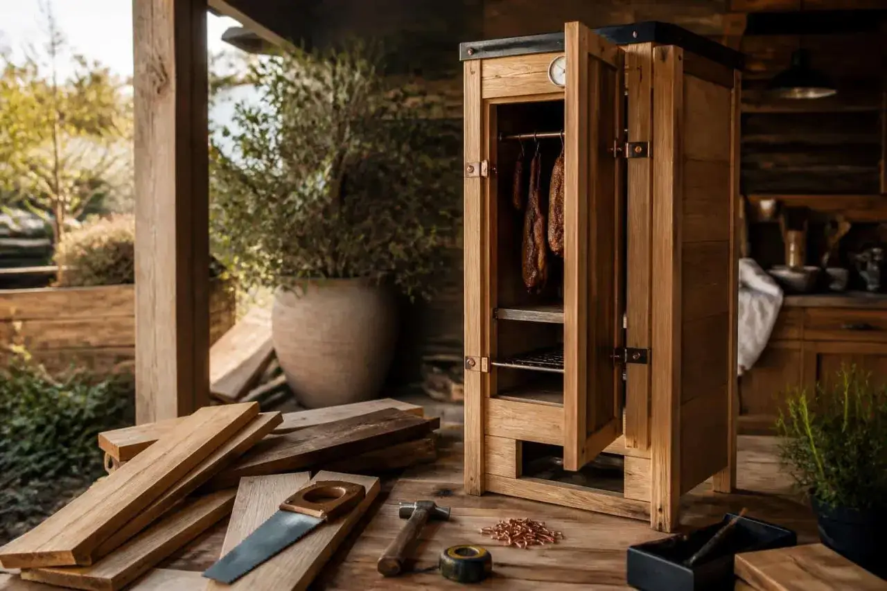Un fumoir en bois, prêt à l'emploi, avec des viandes fumées à l'intérieur. Des outils de menuiserie sont disposés autour, suggérant le projet de fabriquer un fumoir.