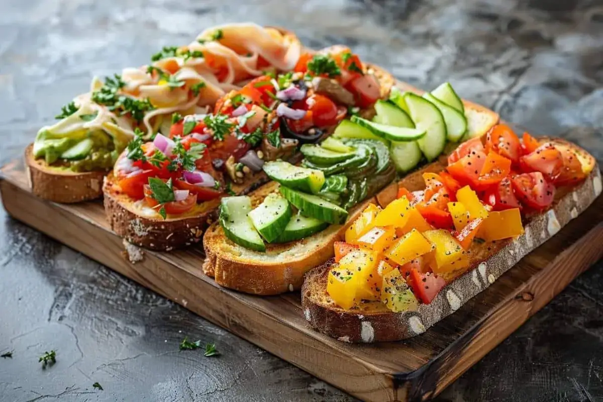 Plateau d'aperos variés : bruschettas aux légumes frais, avocat, tomates, concombres, poivrons. Parfait pour un apéro barbecue !