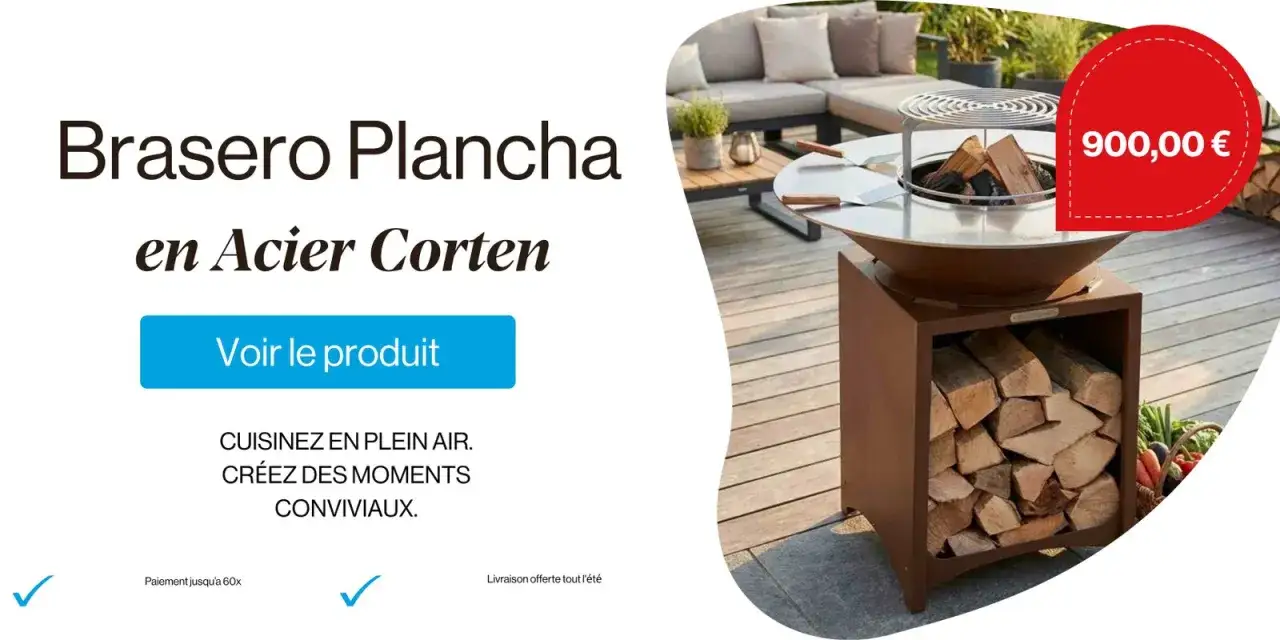Un brasero plancha en acier Corten, parfait pour vos apéros conviviaux en plein air. Prix : 900€.
