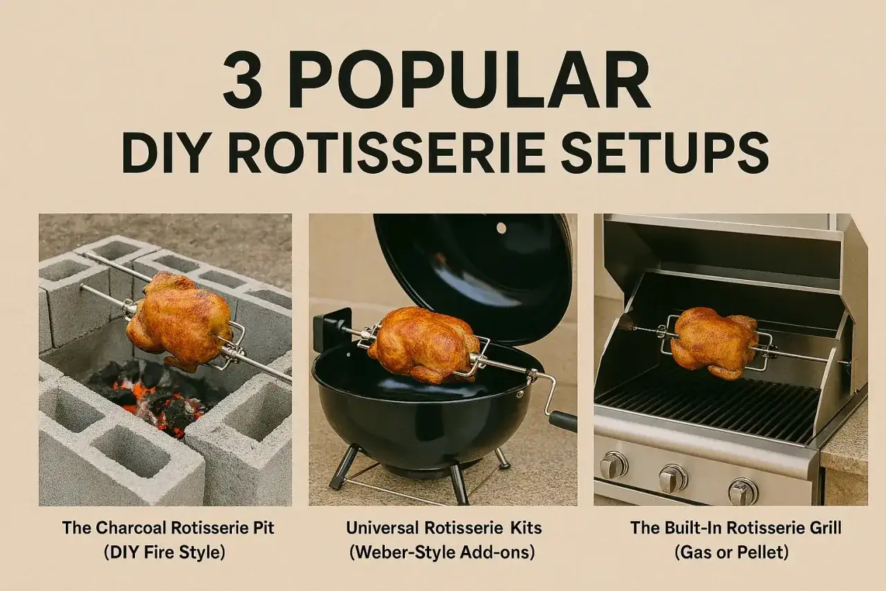 Poulet rôti sur une broche, dans un montage fait maison avec des blocs de béton. Trois options DIY pour tournebroche.