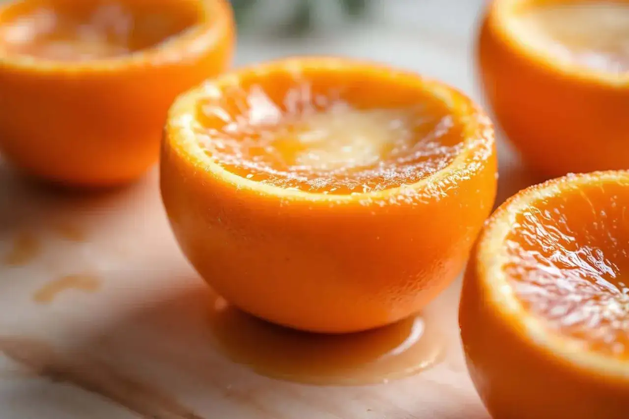 Des moitiés de clémentines creusées, garnies de sucre pour une crème brûlée clementine.