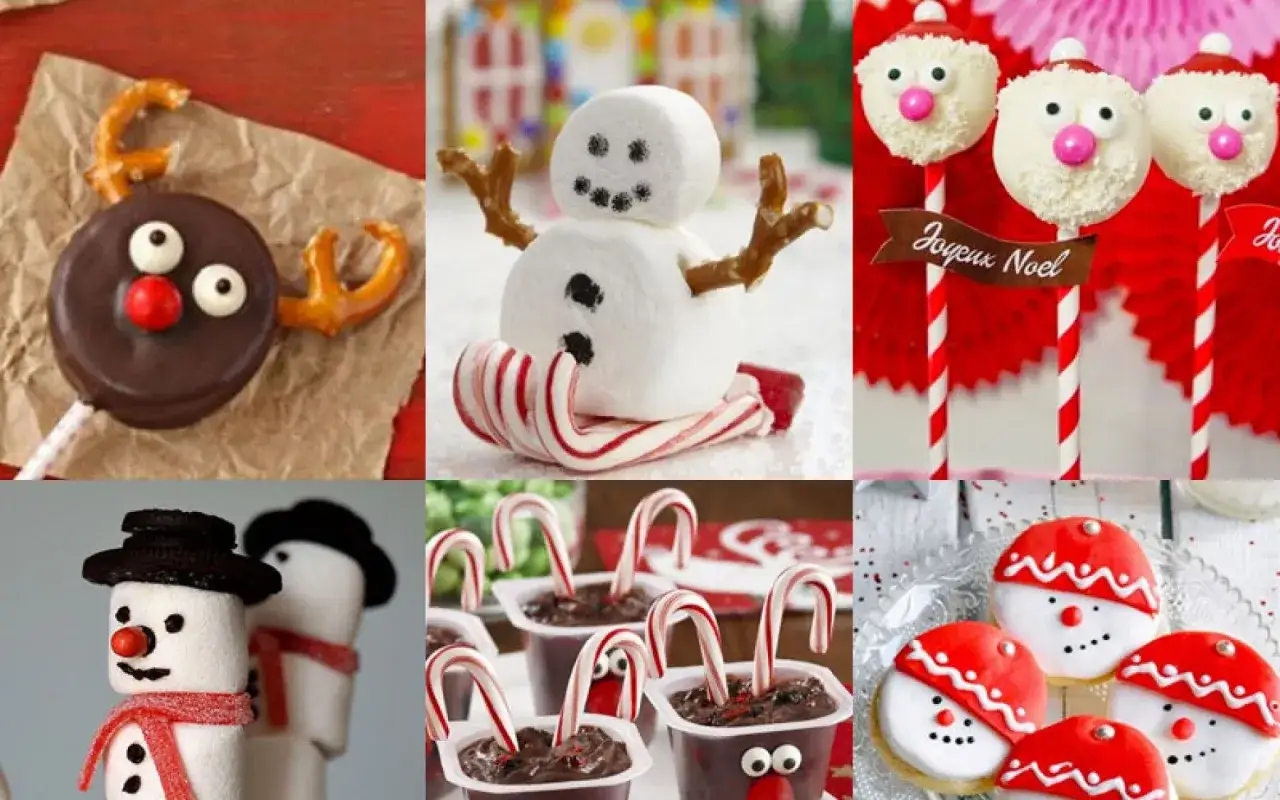 Des biscuits et des bonbons en forme de bonhomme de neige, de renne et de Père Noël, parfaits pour un dessert de Noël pour enfant.