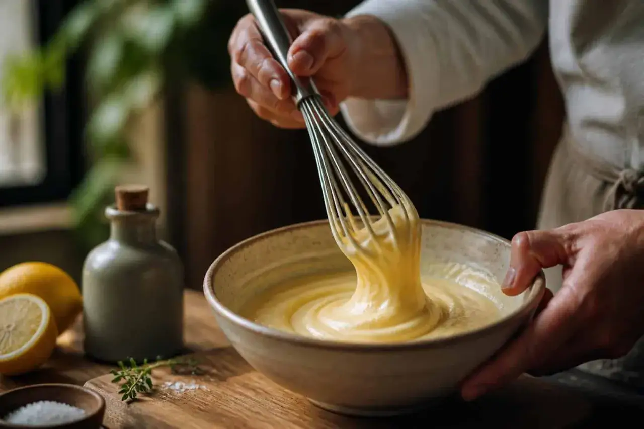 Préparation d'une mayonnaise onctueuse. Fouet dans un bol, ingrédients frais à côté. Astuce pour comment ne pas rater une mayonnaise.