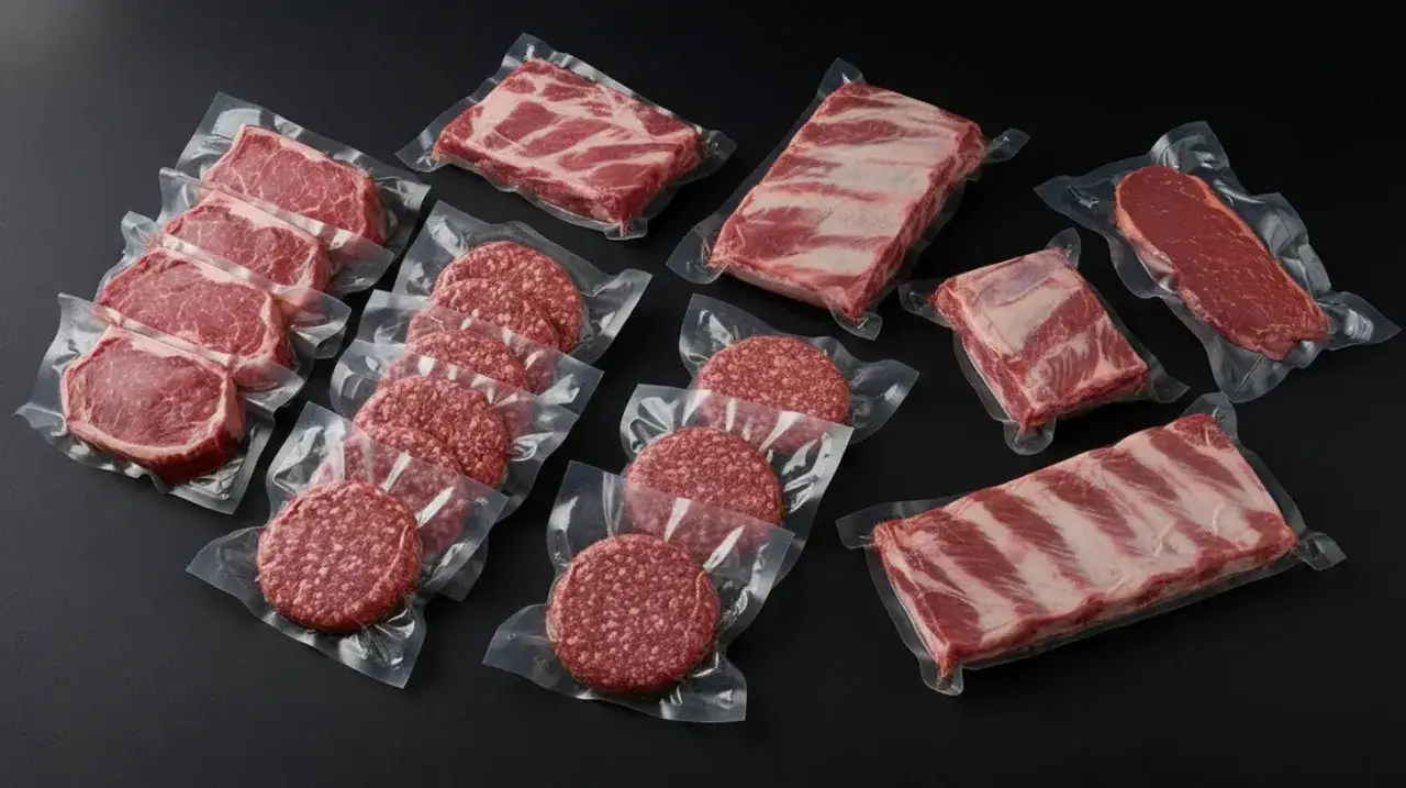 Assortiment de viande sous vide hors frigo : steaks, côtelettes, burgers et ribs. Prêt à être cuisiné.