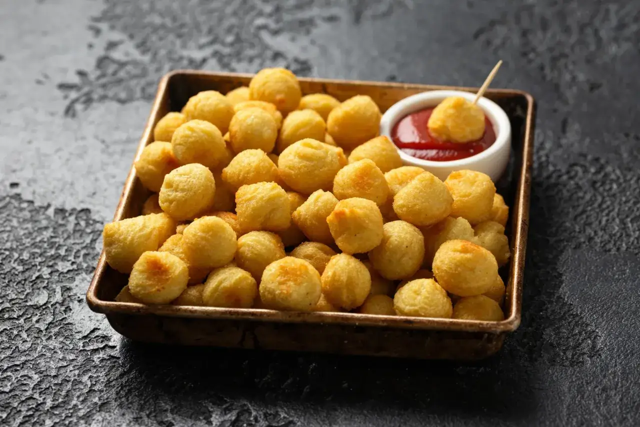 Un plateau rempli de pommes dauphines croustillantes, certaines tremp&eacute;es dans une sauce tomate.