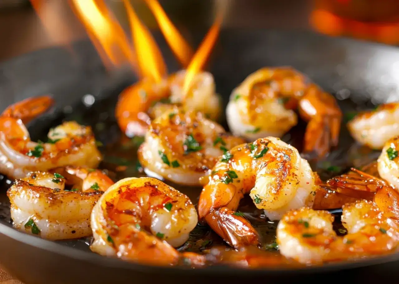 Crevettes flambées au whisky, ail et persil, dorées et savoureuses dans une poêle, avec des flammes vives dans l'arrière-plan.