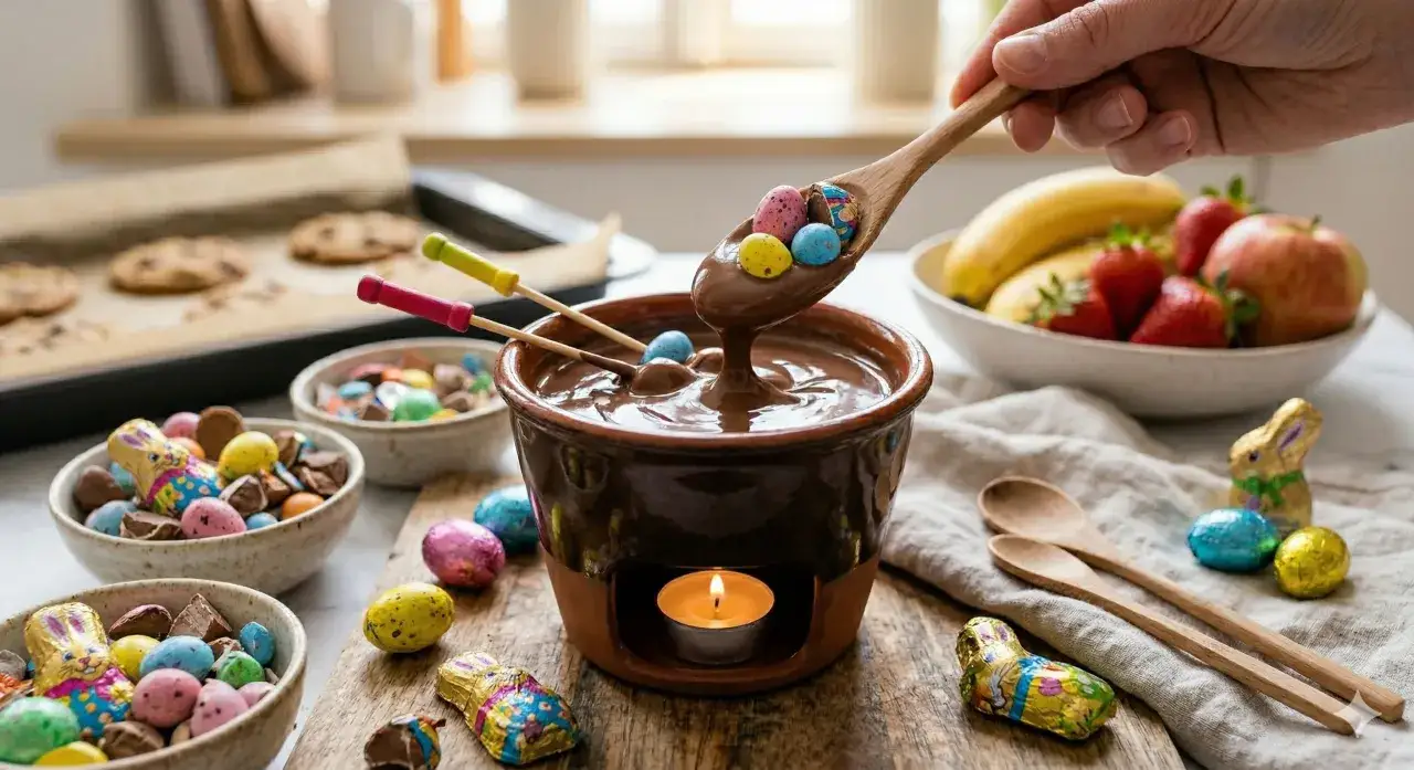 Une cuillère trempe dans un chocolat fondu, parfait pour savoir que faire avec un reste de chocolat fondu. Des œufs de Pâques et des lapins en chocolat entourent.