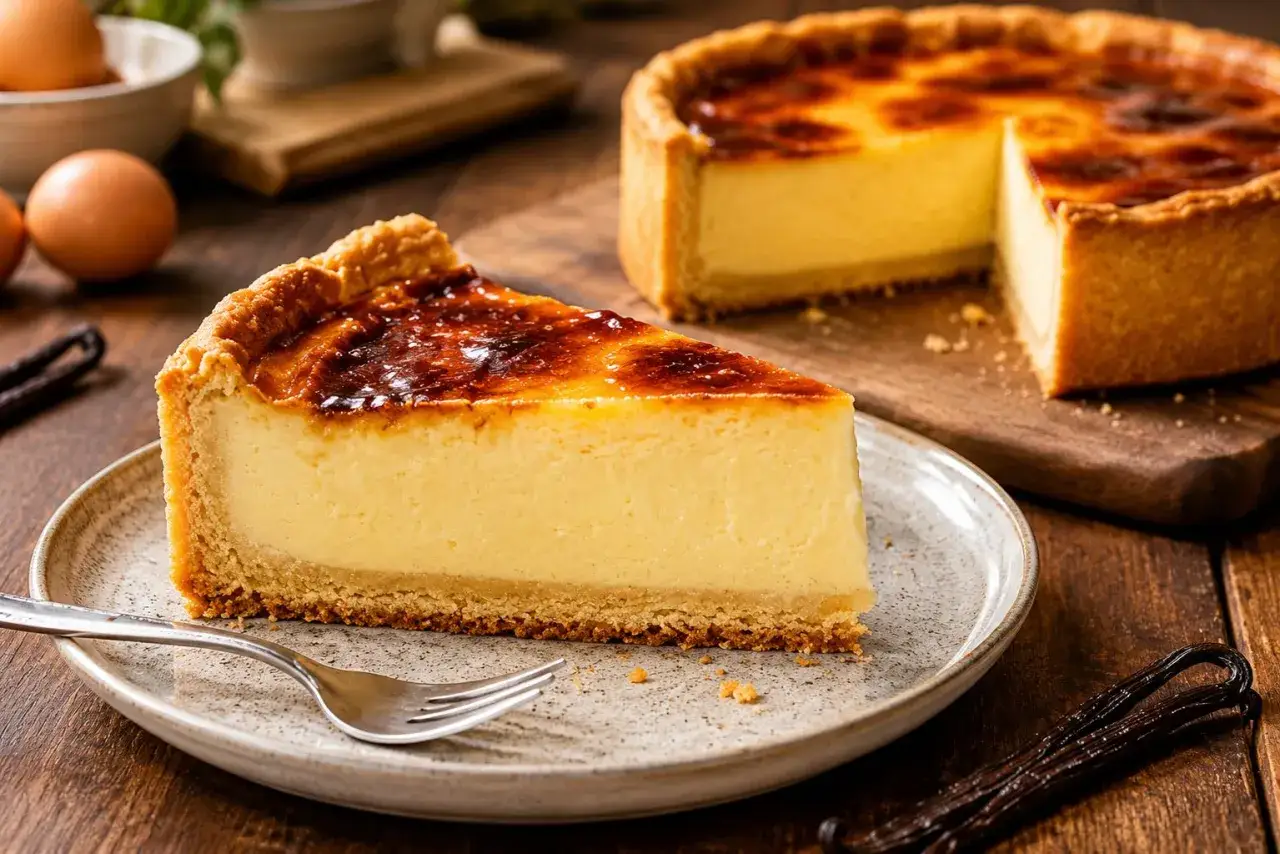 Une part de cheesecake onctueux avec une croûte dorée, parfait pour une recette mai. Des œufs et des gousses de vanille en arrière-plan.