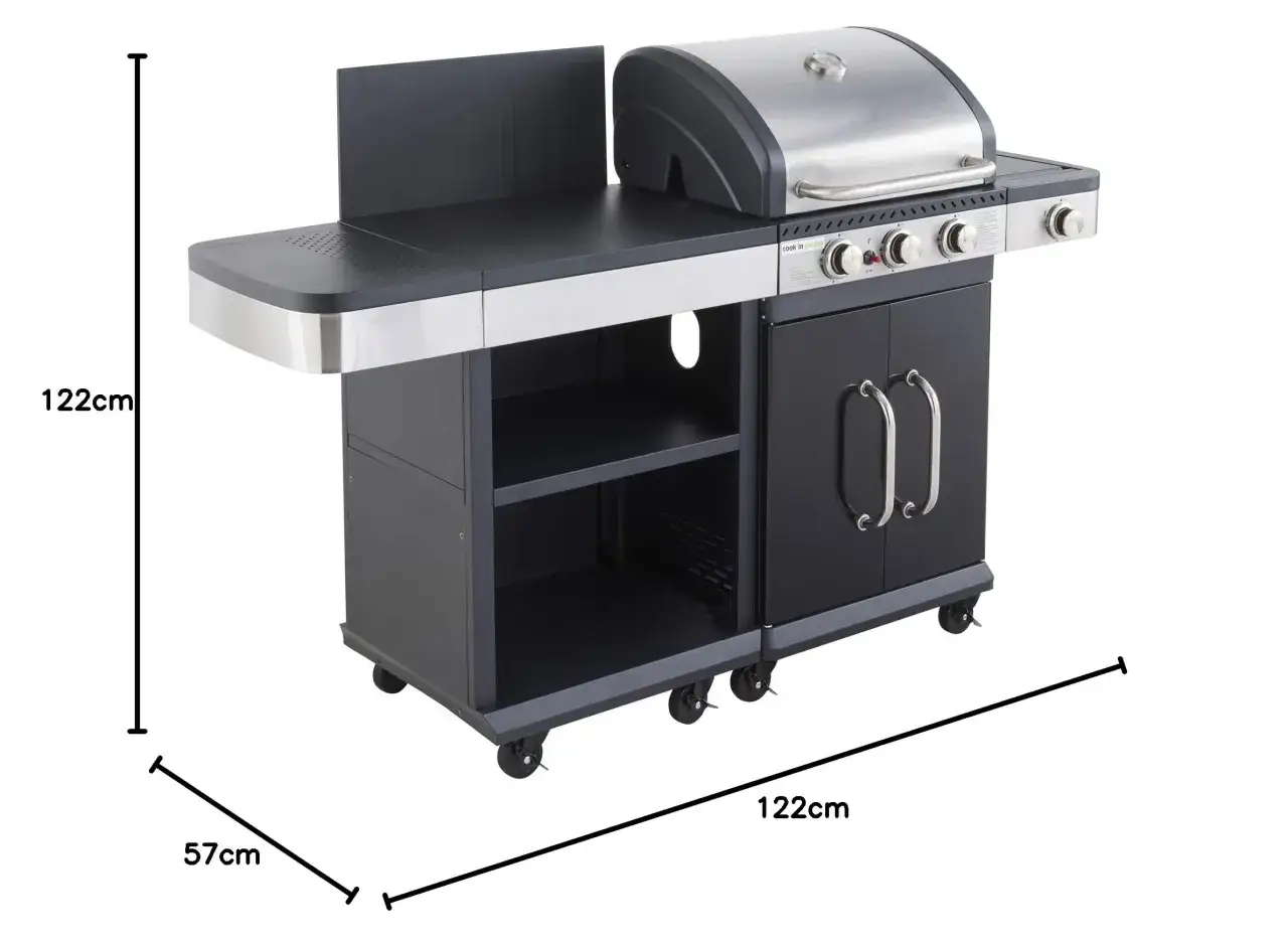 Barbecue à gaz, idéal pour savoir comment faire un barbecue sans charbon. Il dispose de 3 brûleurs, d'une tablette latérale et d'un espace de rangement.