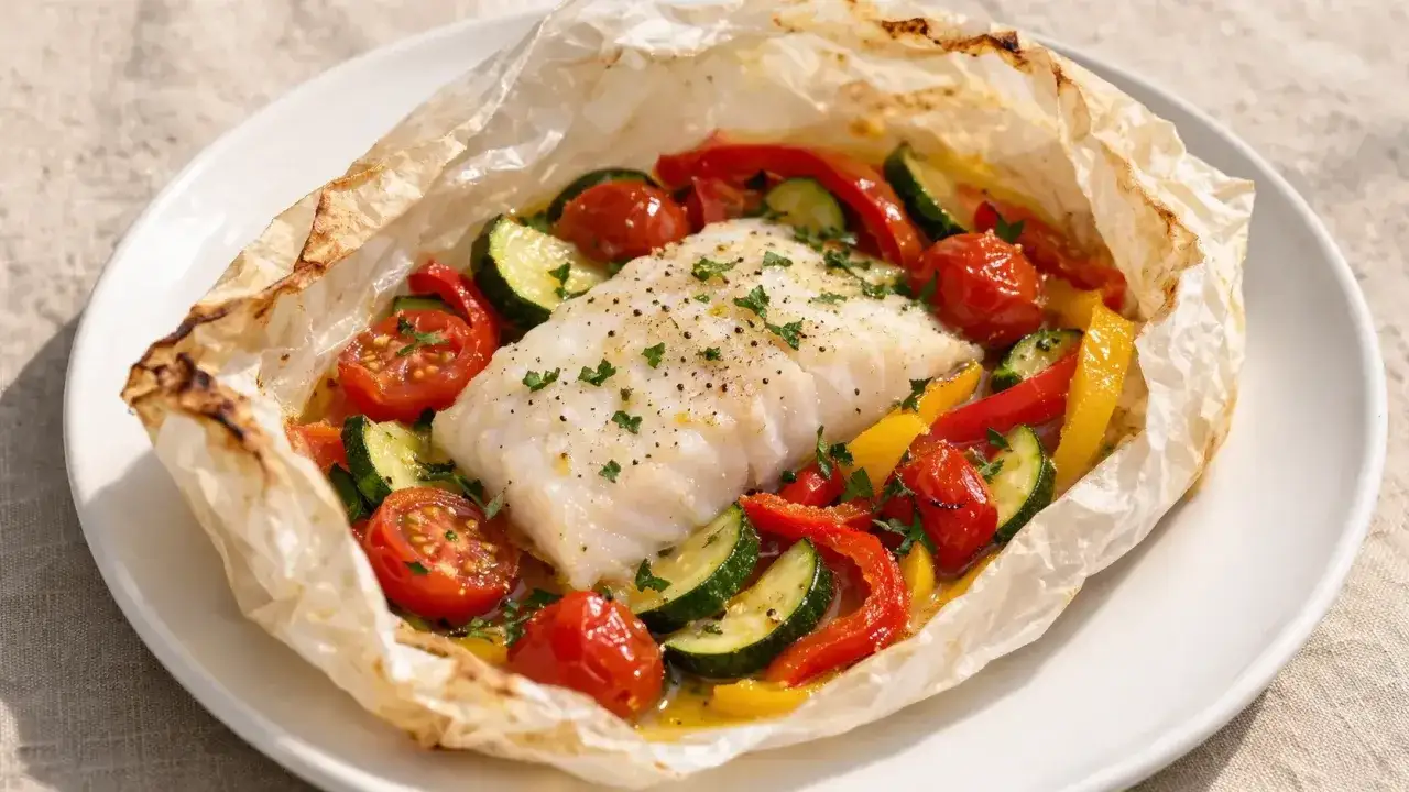 Dos de cabillaud en papillote d'aluminium avec tomates, courgettes et poivrons. Un plat sain et savoureux.