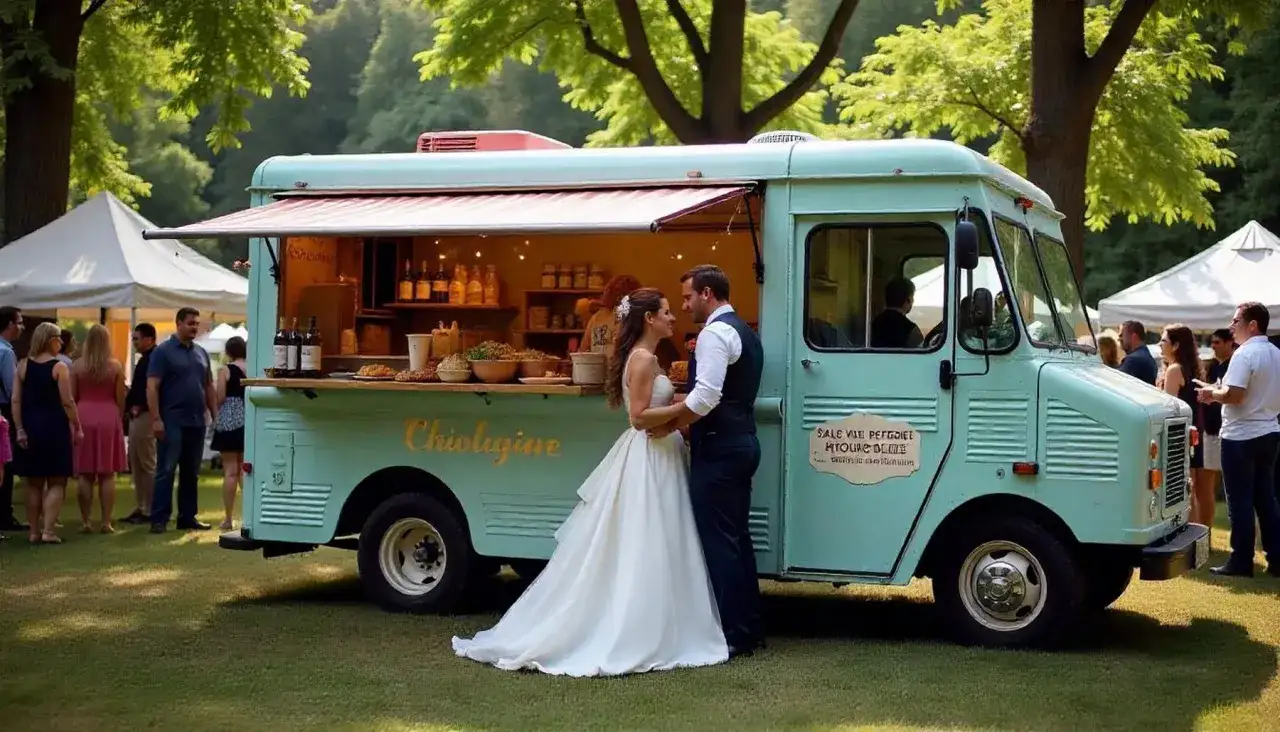 Un couple de mariés devant un food truck bleu menthe, proposant une stand nourriture mariage. Des invités attendent en arrière-plan.
