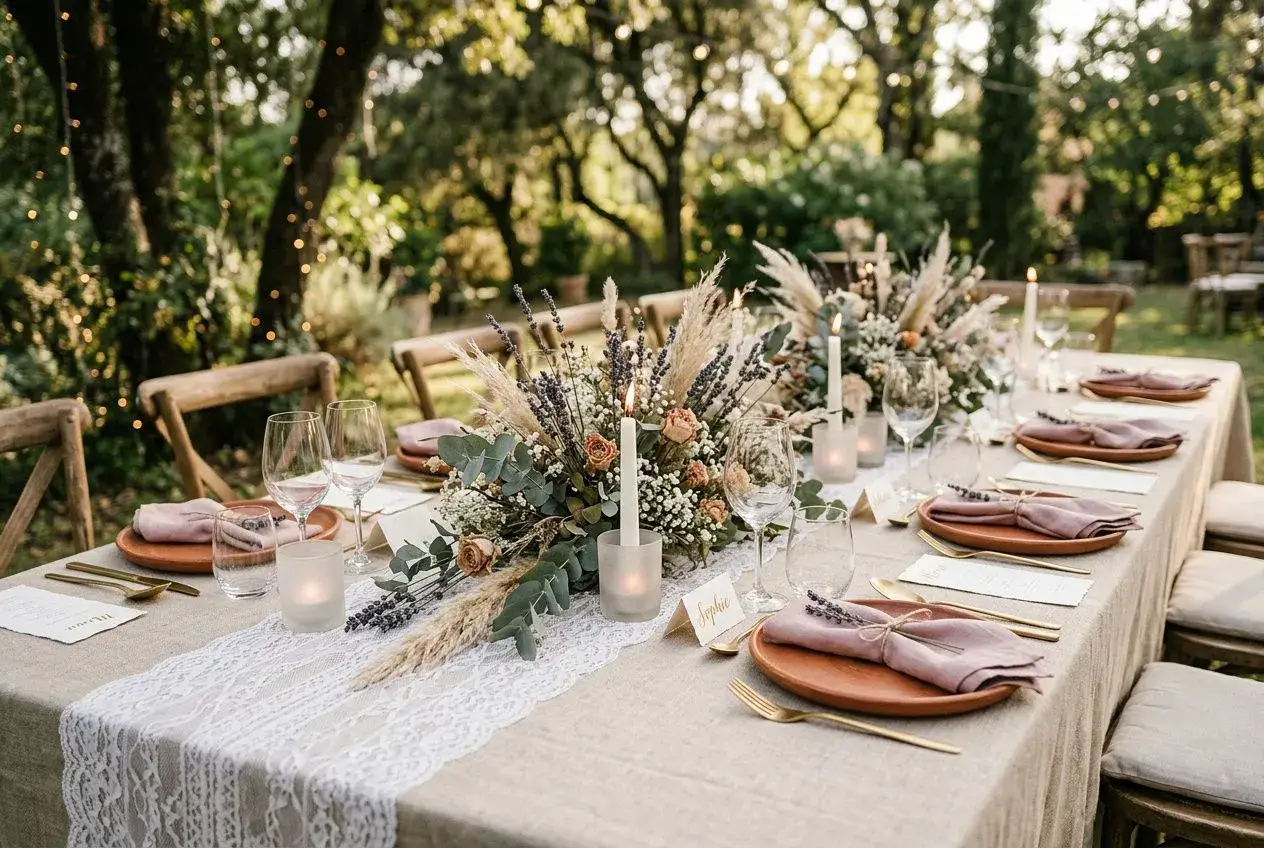 Un magnifique buffet mariage boheme chic en extérieur, avec des fleurs séchées, des bougies et une nappe en dentelle.