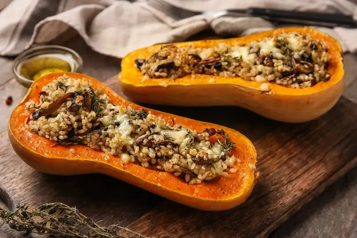 Idées pour que faire avec des butternut : courges rôties farcies au riz, champignons et fromage fondant, sur une planche en bois.